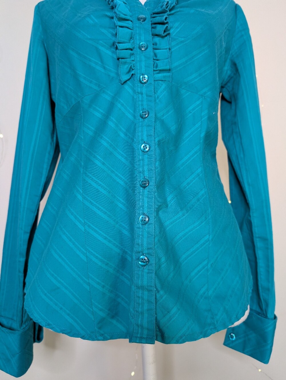Ricki's Teal Ruffle-Front Button Blouse - Picture 3 of 10